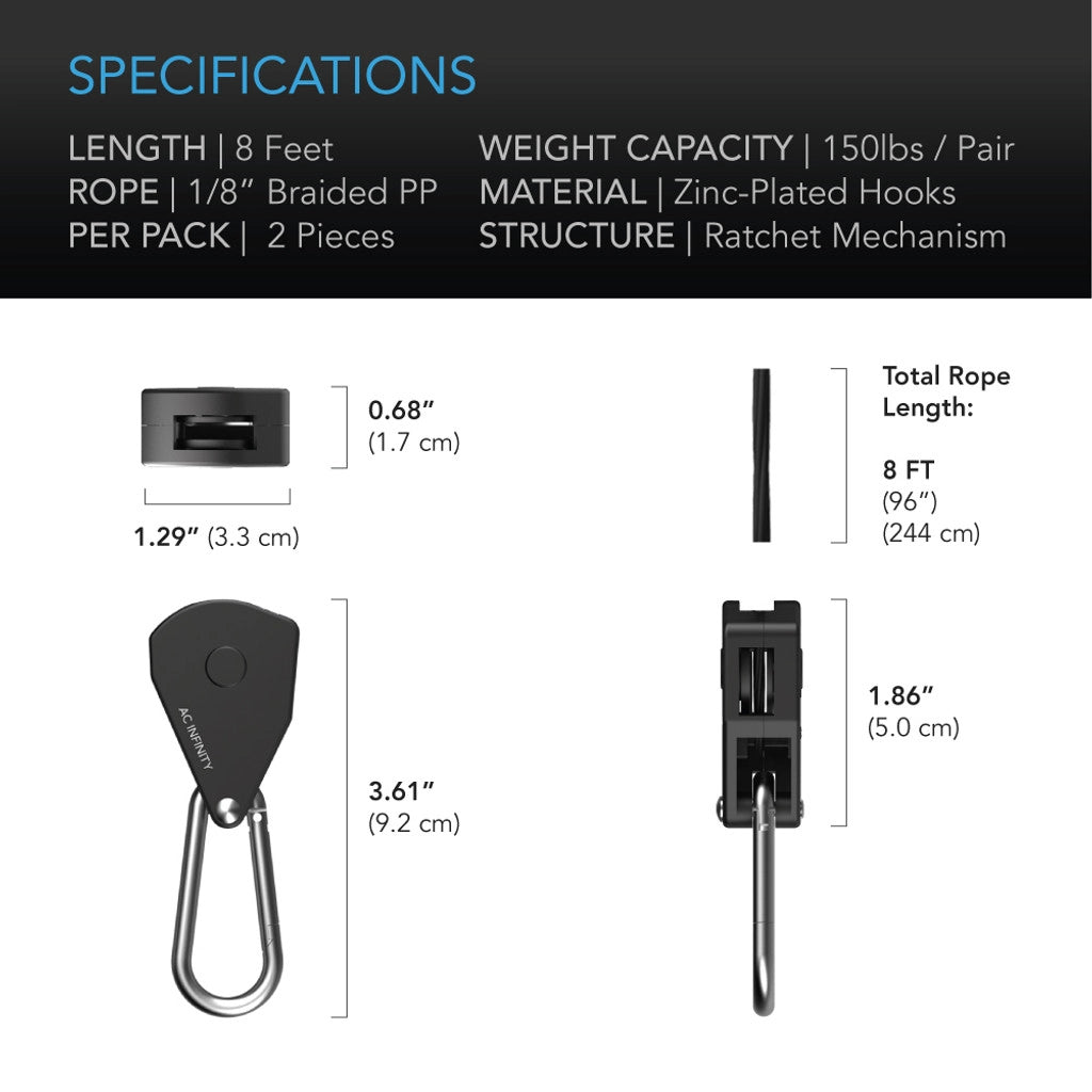 AC Infinity Rope Clip Hangers, 1/8" Pair