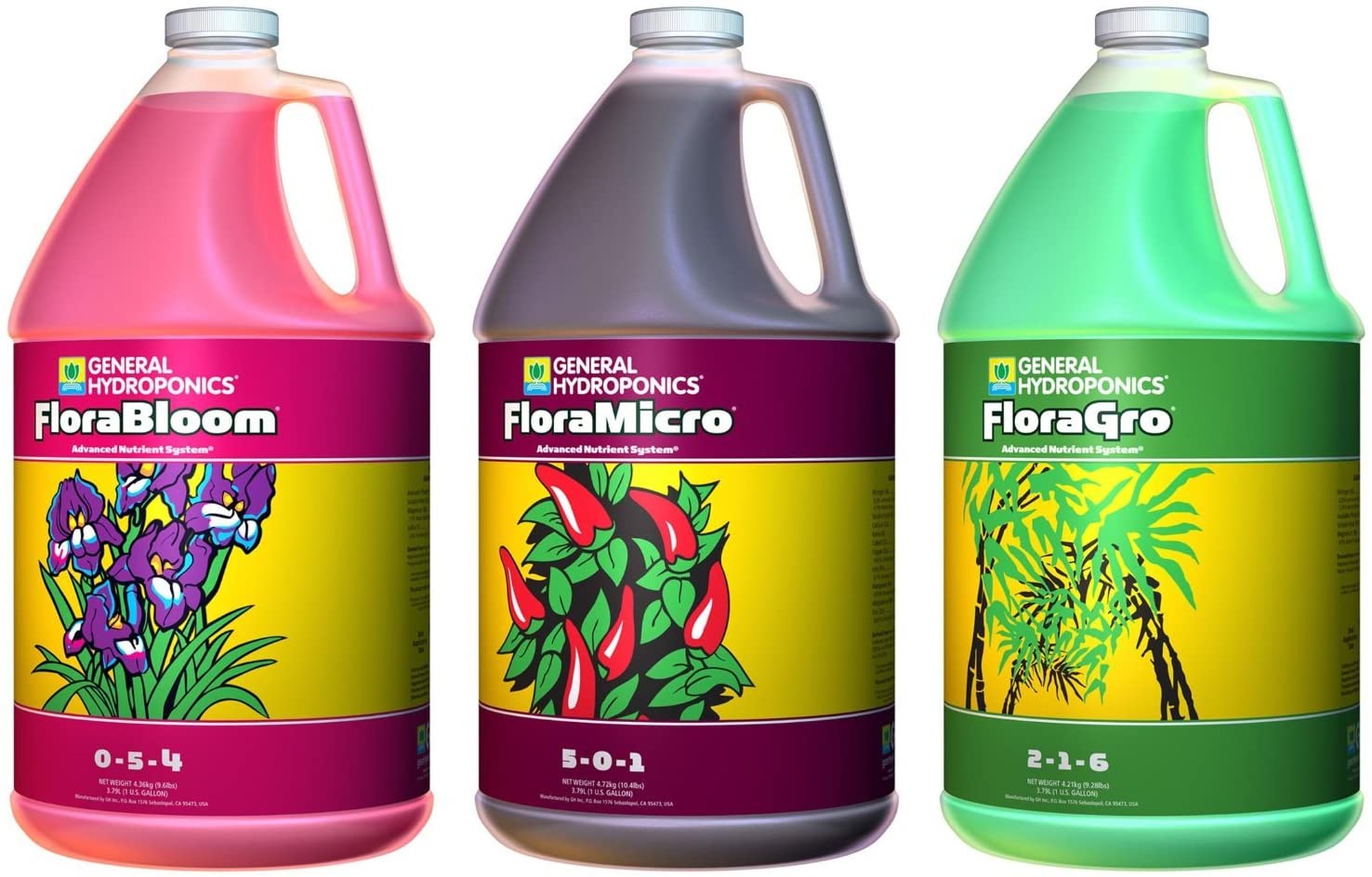 General Hydroponics Flora Series Original 3-Part Nutrient System: Grow, Micro & Bloom set